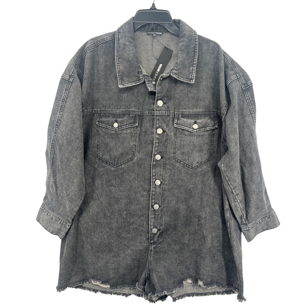 NEW Fashion Nova Jodie Denim Romper Black 2X Distressed Frayed Hem Button Up‎